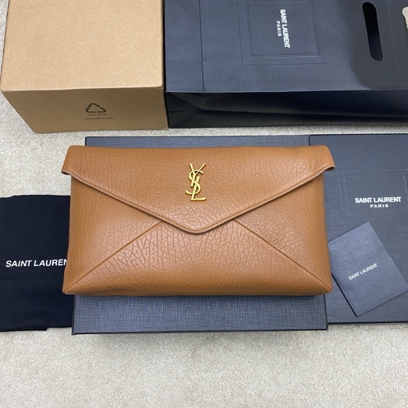 Saint Laurent Cassandre Large Envelope Pouch in Lambskin-Caramel