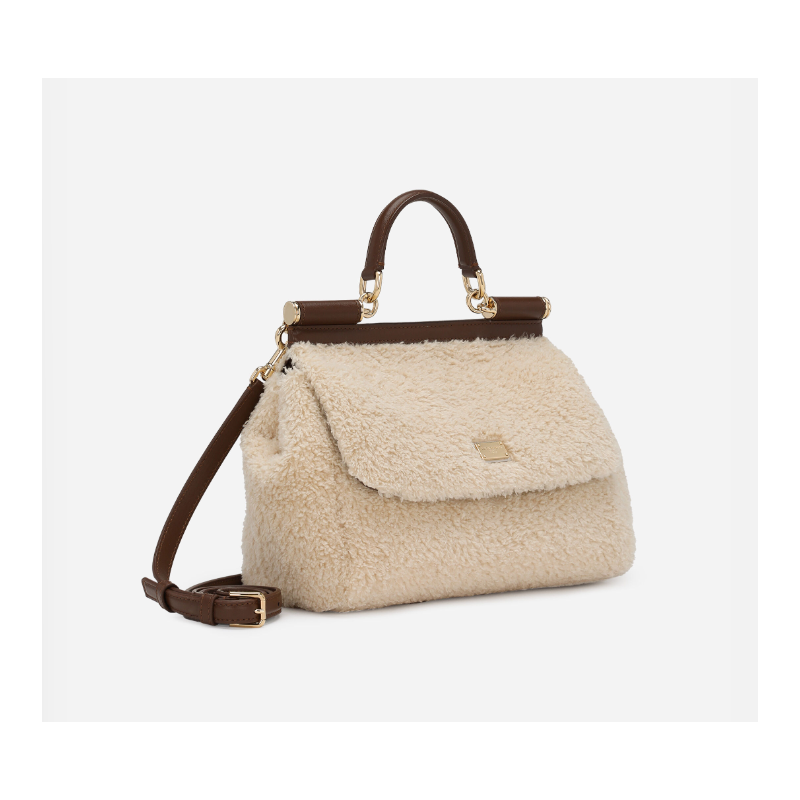 Dolce Gabbana Large Sicily Handbag in soft faux fur and calfskin