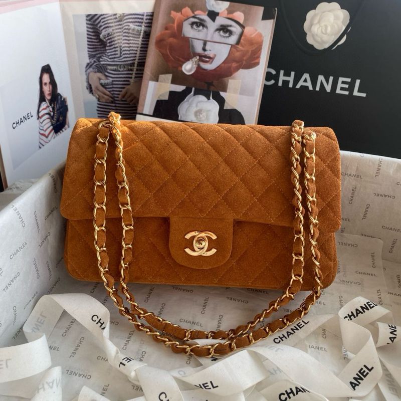 Chanel Medium Flap Handbag in Suede Deerskin-Brown